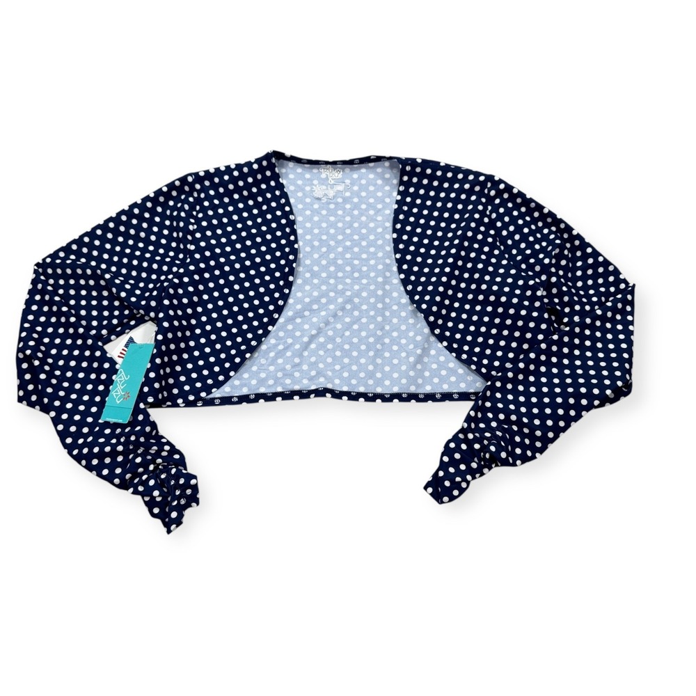 NEW Tzu Tzu Shawl Top Women's Large Navy Blue Polka Dot Long Sleeve Athletic USA